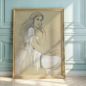 Studie für La Belle Isolde von Alphonse Mucha | Jugendstil Bleistift-Skizze | 1894 Theater Plakat Studie | Vintage figurative Zeichnung Druck