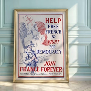 WWII Propaganda Poster | Help Free French Fight for Democracy | Joan of Arc & Soldier Art | Patriotic Wall Decor