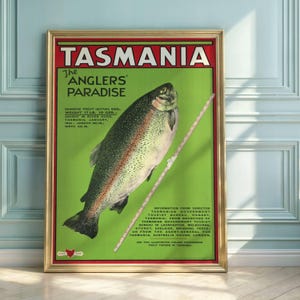 Vintage Tasmania Fishing Poster: Art Deco Rainbow Trout Travel Print