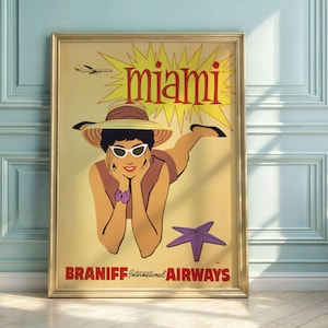 Vintage Miami Travel Poster: Braniff Airways Mid-Century Modern Art