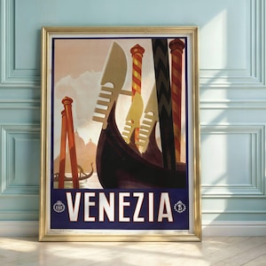 Vintage Venice Travel Poster: Art Deco Gondola Print, Italian Wall Art