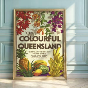 Manifesto di viaggio vintage del Queensland: arte tropicale australiana di metà secolo