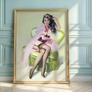 Vintage Pin-Up Art Poster: Glamorous Woman in Pink Robe