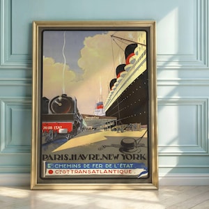Póster de viaje Art Déco vintage / París, Le Havre, Nueva York / Tren transatlántico de los años 20 y 30 / Arte mural de aventuras transatlánticas