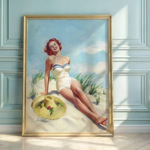 Mid-Century Pin-Up Art Print | Classic 1940s & 50s Beach Poster | Retro Illustration | Vintage Swimsuit Decor