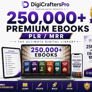 Op de afbeelding: Een advertentie voor een digitaal productpakket met de tekst 250,000+ Premium Ebooks PLR / MRR. De afbeelding toont een laptop, tablet en smartphone met boekomslagen, naast iconen voor directe download, levenslange toegang en ondersteuning.