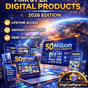 Könnte beinhalten: Werbegrafik für digitale Produkte mit dem Text "+50.000.000 DIGITAL PRODUCTS" und "2026 EDITION." Das Bild zeigt Laptops, Smartphones und einen Desktop-Monitor, der digitale Inhalte anzeigt. Die DigiCraftersPro Reseller-Lizenz ist ebenfalls abgebildet.