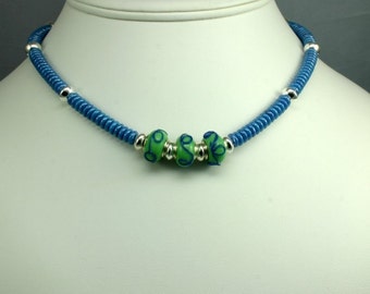 Blue Lampwork Necklace - Free Shipping
