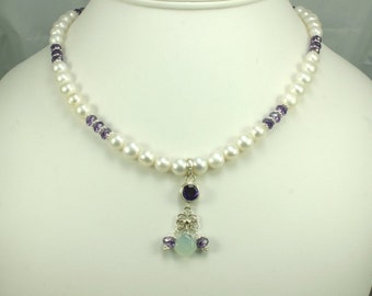 Pearl, Amethyst and Aquamarine Necklace