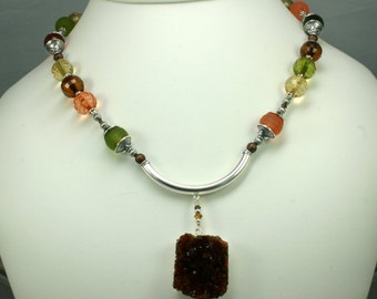 Smoky Quartz Drusy and Glass Bead Necklace