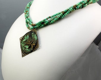 Chrysoprase and Brass Dragon Fly Necklace