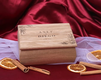 Personalized Wooden Memory Box, Floral Engraving, Wedding Gift