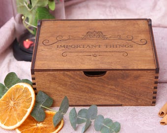 Engraved Wood Memory Box, Rustic Keepsake Chest, Personalized Wedding Gift