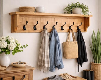 Handmade Oak Coat Rack with Shelf, Entryway Organizer