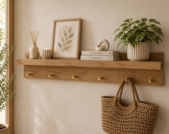 Solid Oak Wall Shelf with Brass Hooks – Handmade Entryway Organizer | Rustic Coat Rack | Floating Shelf with Hooks