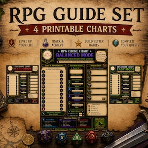 May include: An RPG Guide Set with four printable charts, featuring a balanced mode and hard mode. The image includes dice, a sword, and a compass, with text that reads "Level Up Your Life" and "Complete Your Quests."