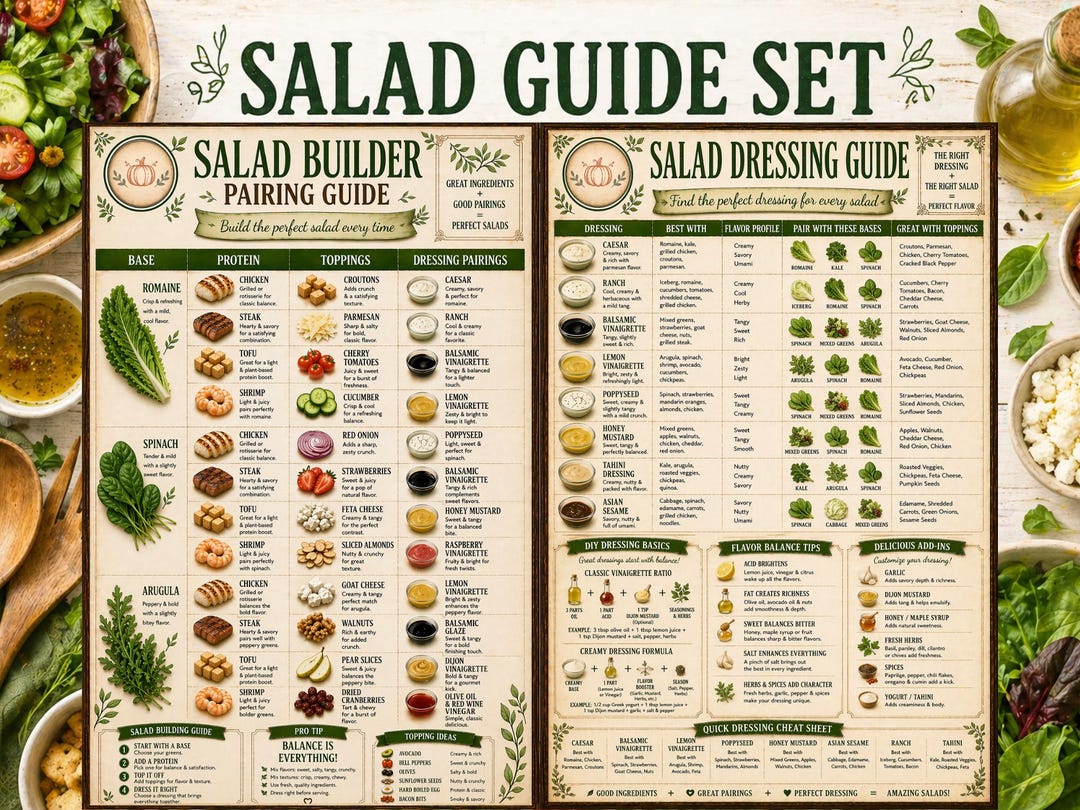 Week Chart Salad Salad Guide Set Printable • Salad Builder Chart • Dressing Guide ...
