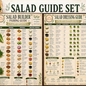 Op de afbeelding: Een salade gids set met een salade builder pairing gids en een salade dressing gids. De gidsen bevatten bases, eiwitten, toppings en dressing combinaties, met de focus op het creëren van de perfecte salade.