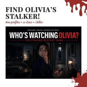 Może przedstawiać: Gra kryminalna Who's Watching Olivia? przedstawia mroczną, pełną napięcia scenę z osobą o przestraszonym wyrazie twarzy trzymającą smartfon. Tekst głosi Find Olivia's Stalker! 800 profiles, 12 clues, 1 killer oraz Investigate. Analyze. Uncover the truth.