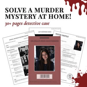 Op de afbeelding: Een moordmysteriespel met meerdere pagina's. Het spel bevat een slachtofferprofiel, een rapport van schoolbeveiligingsbeelden en een foto van een jonge vrouw. De tekst luidt "Los een moordmysterie thuis op!" en "30+ pagina's detective case."