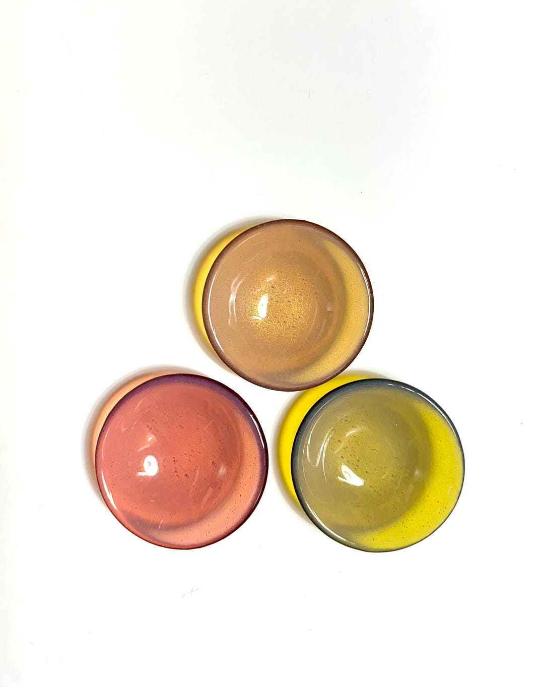 Fused Glass Luminescent Cutie Dishes Light Amber Orange, Yellow, Coral All with Opaline Softness New and Popular A24