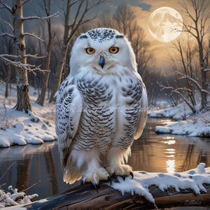 Op de afbeelding: Een sneeuwuil met witte en grijze veren zit op een met sneeuw bedekte boomstam. De uil heeft gele ogen en een zwarte snavel. De achtergrond toont een winterlandschap met een rivier, bomen en een volle maan.