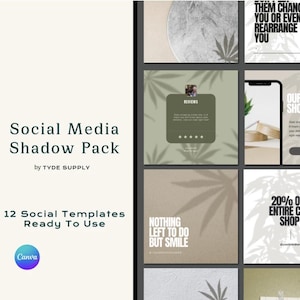 May include: A set of 12 social media templates featuring a green leaf shadow overlay. The templates include text such as "Nothing left to do but smile", "Our online shop is open", and "20% off entire CBD shop".