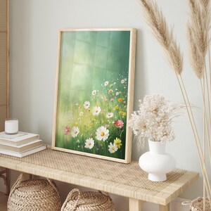 Impression encadrée de champ de fleurs sauvages - affiche de haute qualité en papier mat avec cadre en bois, paysage botanique vintage, décoration florale, style huile