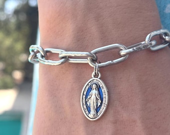 Cadena de Consagración a la Virgen María con Medalla Azul Milagrosa - Nuestra Señora de Gracia - Regalo Católico en Acero, Personalizable