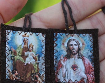 Escapulario de Nuestra Señora del Monte Carmelo - 100% lana portuguesa - Sagrado Corazón de Jesús y María - Regalo católico hecho a mano