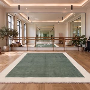 Handmade Oushak Wool Rug Green Ivory Border Turkish Knot Carpet Living Room Bedroom Area Rug Custom Runner Round Rug Floor Decor Aesthetic