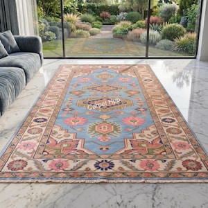 Blue Pink Oushak Stair Runner Rug, Vintage Wool Hallway Runner, Pastel Oriental Rectangle Carpet, Floral Turkish Rug, Custom Size Runner