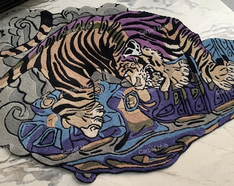 Hand-Tufted Bengal Tiger Wool Rug: Multi-Colored, Blue Design