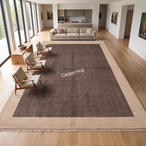 Hand Knotted Oushak Wool Rug Custom Border Minimalist Brown Beige Area Rug Modern Turkish Knot Runner Aesthetic Neutral Round Carpet