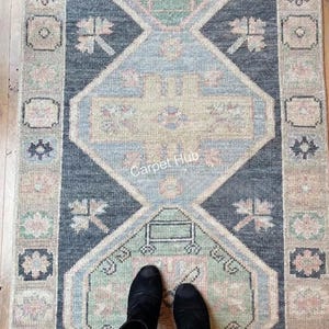 Hand knotted winter Blue Runner rug Oushak Rug, Hand Knotted Rug, Boho Runner, 2x8 2x10 3x10 3x12, Rugs for Entryway Kitchen Custom size Rug