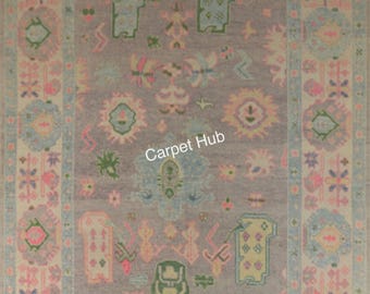 Pink Bright Modern Oushak Rug Blue Handwoven Wool Navy Area Rug 8x10