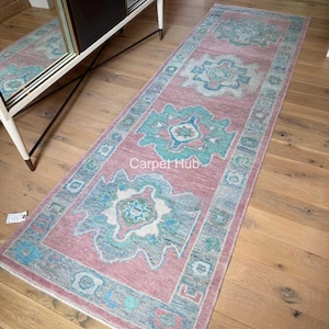 Vintage Dusty Pink Turquoise Oushak Rug, Handmade Wool Runner, Hand Knotted Hallway Rug, Long Entryway Kitchen Runner, Custom Size Rug