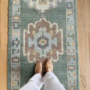 3x10 Turkish Oushak Runner Rug Green Brown Handmade Wool Rug Vintage Style Hand Knotted Hallway Rug Custom Size Made to Order