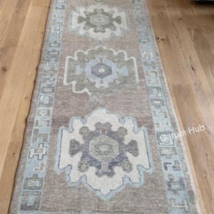 Muted Oushak Runner Rug 3x10, Vintage Turkish Hallway Rug, Hand Knotted Wool Runner, Beige Blue Kitchen Entryway Rug Custom Size