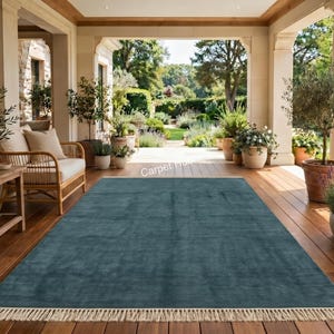 Hand Knotted Oushak Wool Rug in Petrol Teal Blue, Modern Minimalist Soft Plush Area Rug, Custom Size Living Room Runner Round Rug