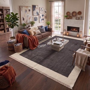 Modern Minimalist Hand Knotted Oushak Wool Rug, Charcoal, Ivory Border Area Rug, Custom Size Bedroom, Runner, Organic Neutral Home Decor