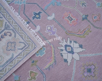 Hand Knotted Oushak Rug Lavender Wool Turkish Carpet Vintage Oriental Large Area Rug Traditional Handmade Living Room Bohemian Decor