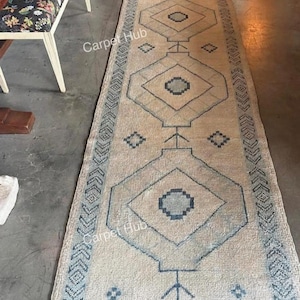 Antique Oushak Runner Rug 2x10, Beige & Blue Turkish Handmade Wool Rug, Vintage Style Hallway Runner, Custom Size Area Rug Made to Order