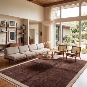 Modern Oushak Rug, Brown Border Wool Rug, Hand Knotted Aesthetic Area Rug, Custom Round Runner Rug, Minimalist Living Room Bedroom Rug