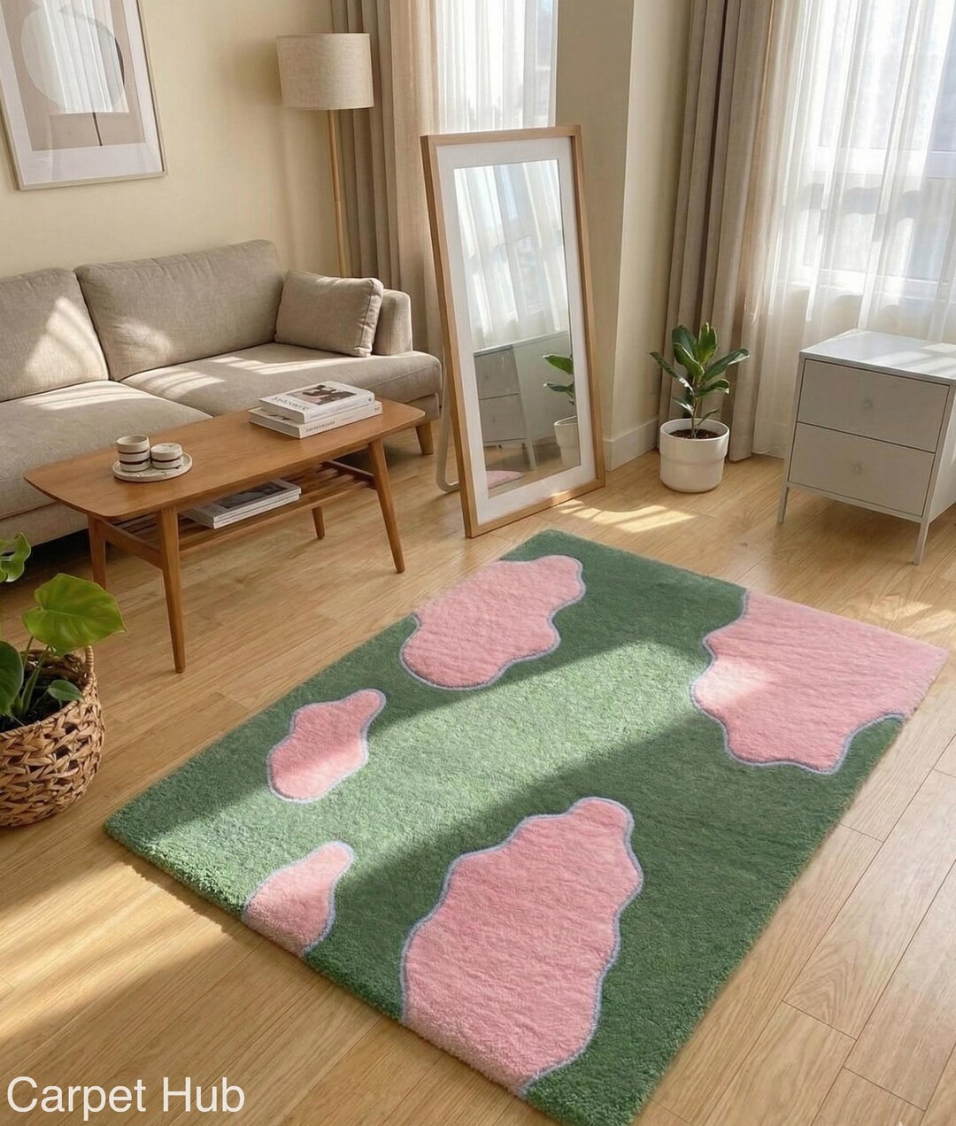 Cute Pink Cloud Green Tufted Rug - Handmade Floor Decor for Nursery ...