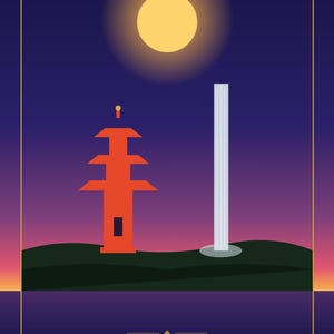 Puede incluir: Un póster gráfico con una pagoda roja de tres niveles y una cascada blanca alta sobre un cielo morado oscuro con una luna amarilla. El texto superior dice oojinja.com SHRINES OF JAPAN. El texto inferior dice 熊野那智大社 KUMANO NACHI WAKAYAMA.