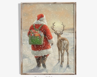 Vintage Santa Claus & Reindeer Painting: Christmas Wall Art (Digital Download)
