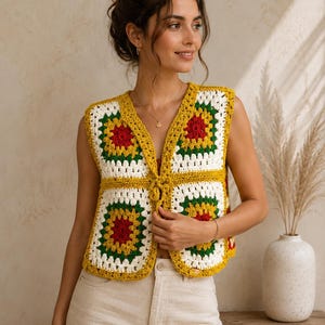 Puede incluir: Un chaleco de ganchillo colorido con un patrón cuadrado en blanco, amarillo, rojo y verde. La prenda sin mangas tiene cuello en V y se ata en la parte delantera. El chaleco se usa sobre una camiseta roja y se combina con pantalones beige.
