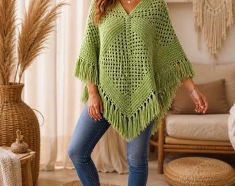 Hand Crochet Wool Poncho with Fringe | Boho Open-Knit Cape Sweater