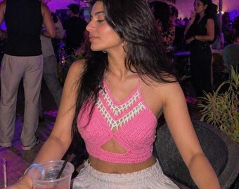 Handmade Pink Crochet Halter Top | Boho Knit Crop Summer Festival Wear